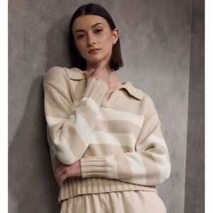 QUINCE‎ Striped Cropped Polo Sweater Collared Beige White Organic Cotton Sz XS